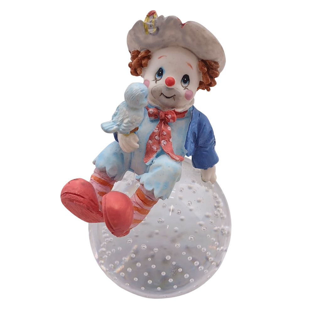 VTG Simson Clown Blue Bird Porcelain & Bubble Glass Paperweight Whimsical Decor